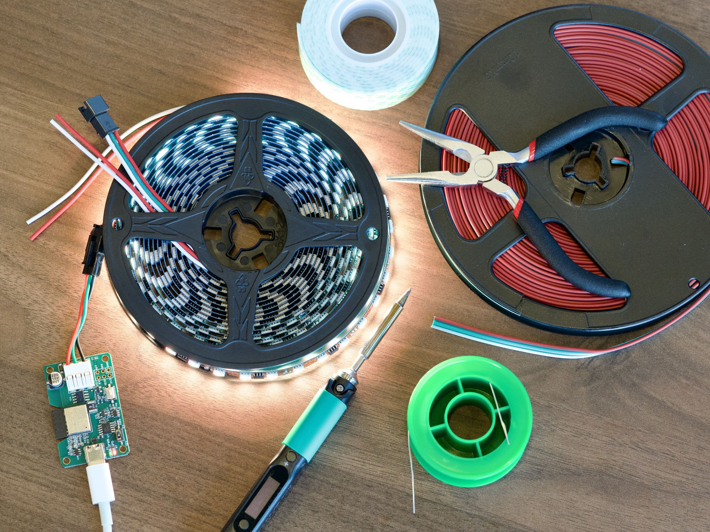 LED strip parts - LED strip, controller, soldering iron, wire, mounting tape