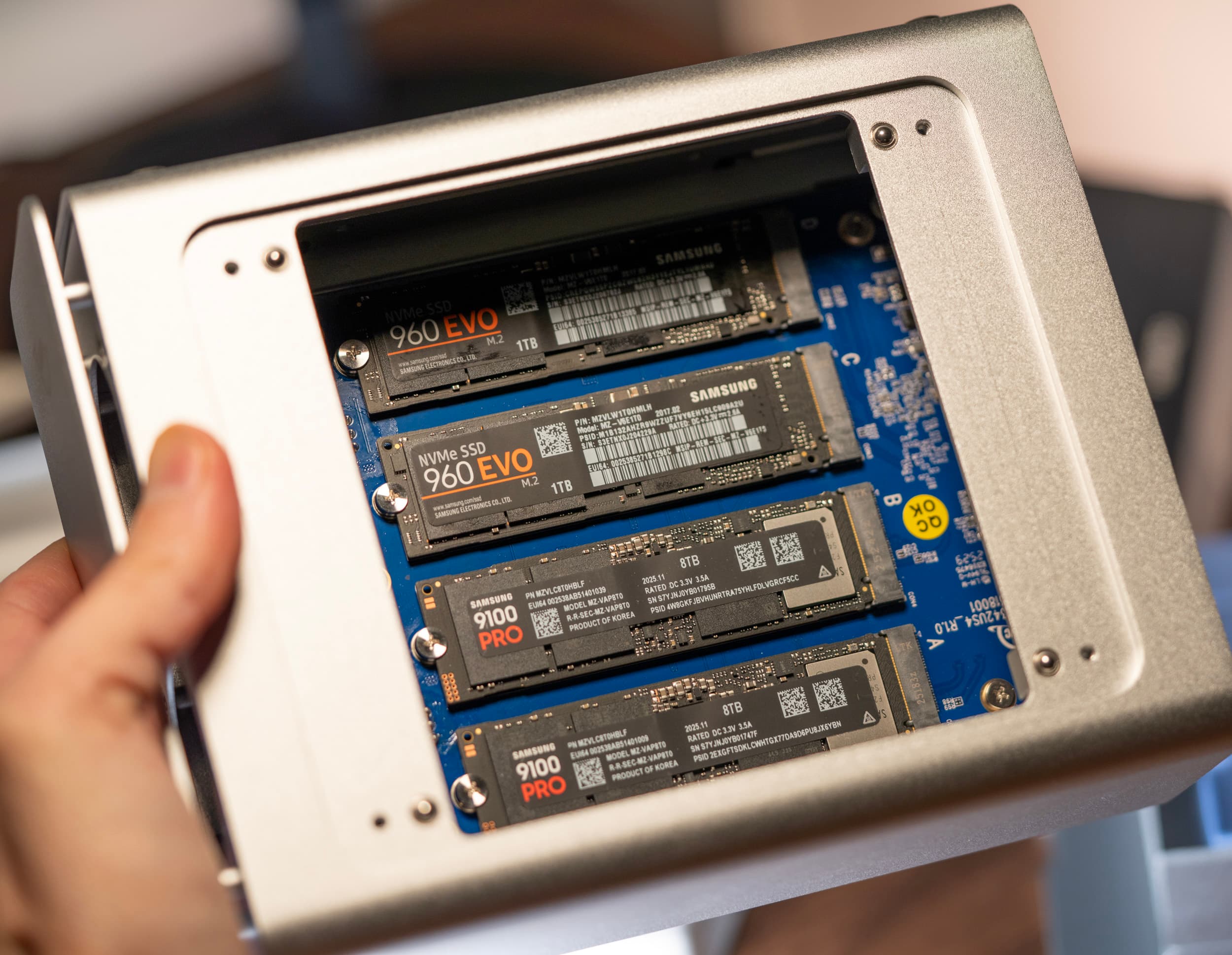 OWC Express 4M2 internal view with four Samsung SSDs installed