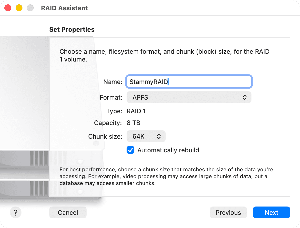 macOS RAID Assistant - creating RAID 1 array