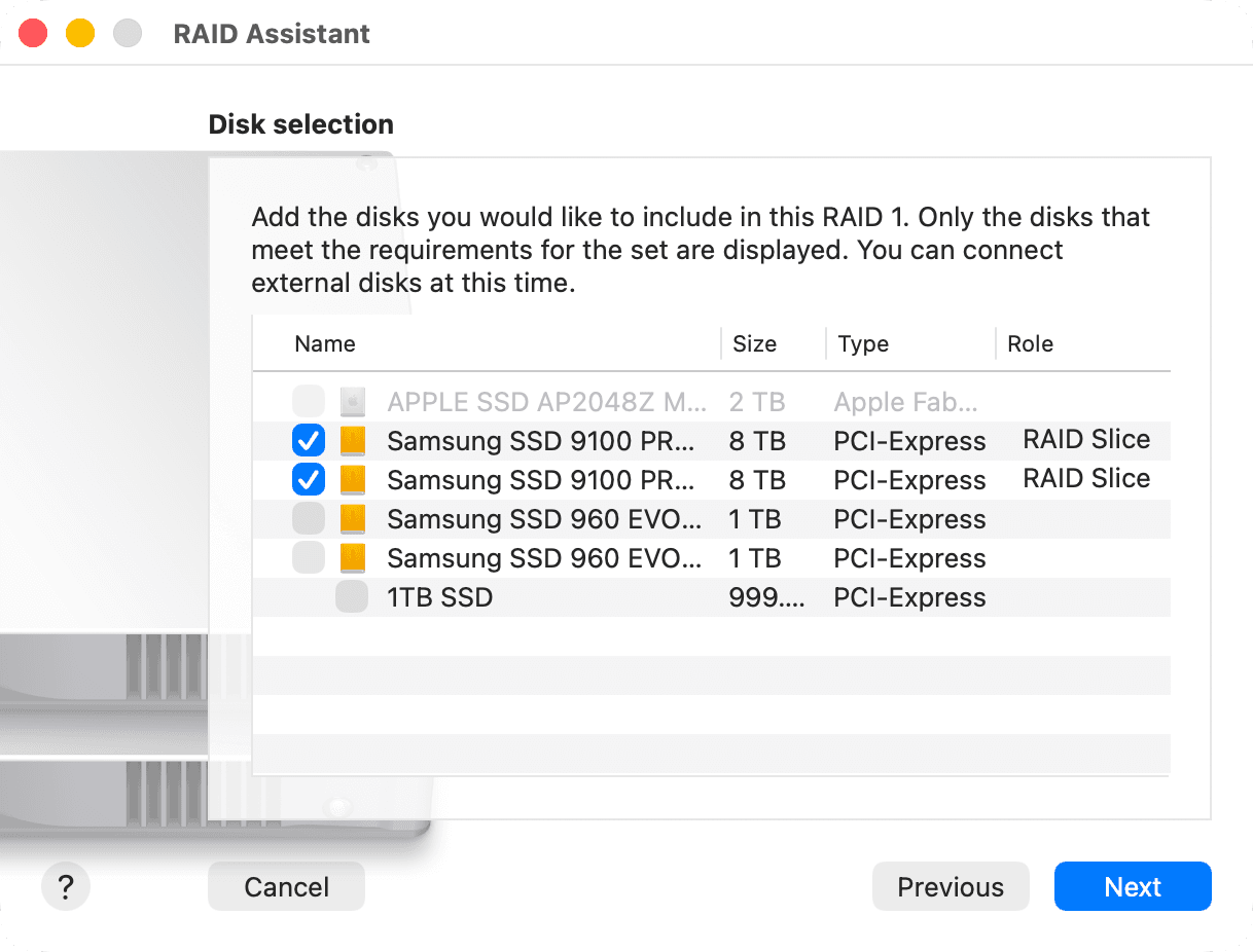 macOS RAID Assistant - selecting the two Samsung 9100 PRO 8TB SSDs