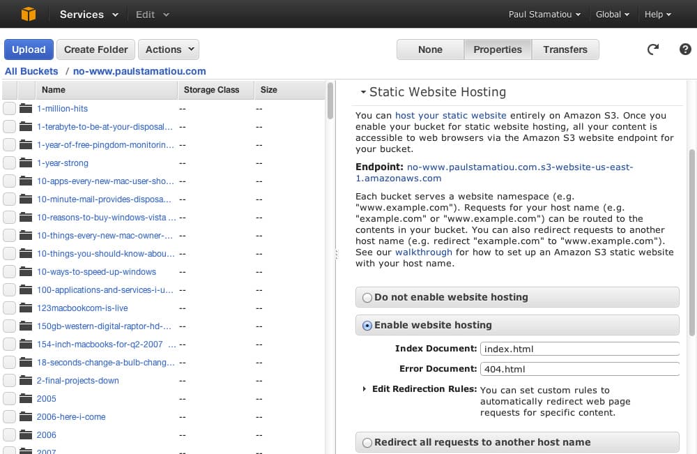 Enabling S3 static site hosting