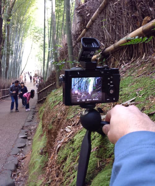 Person taking photo with camera on tripod