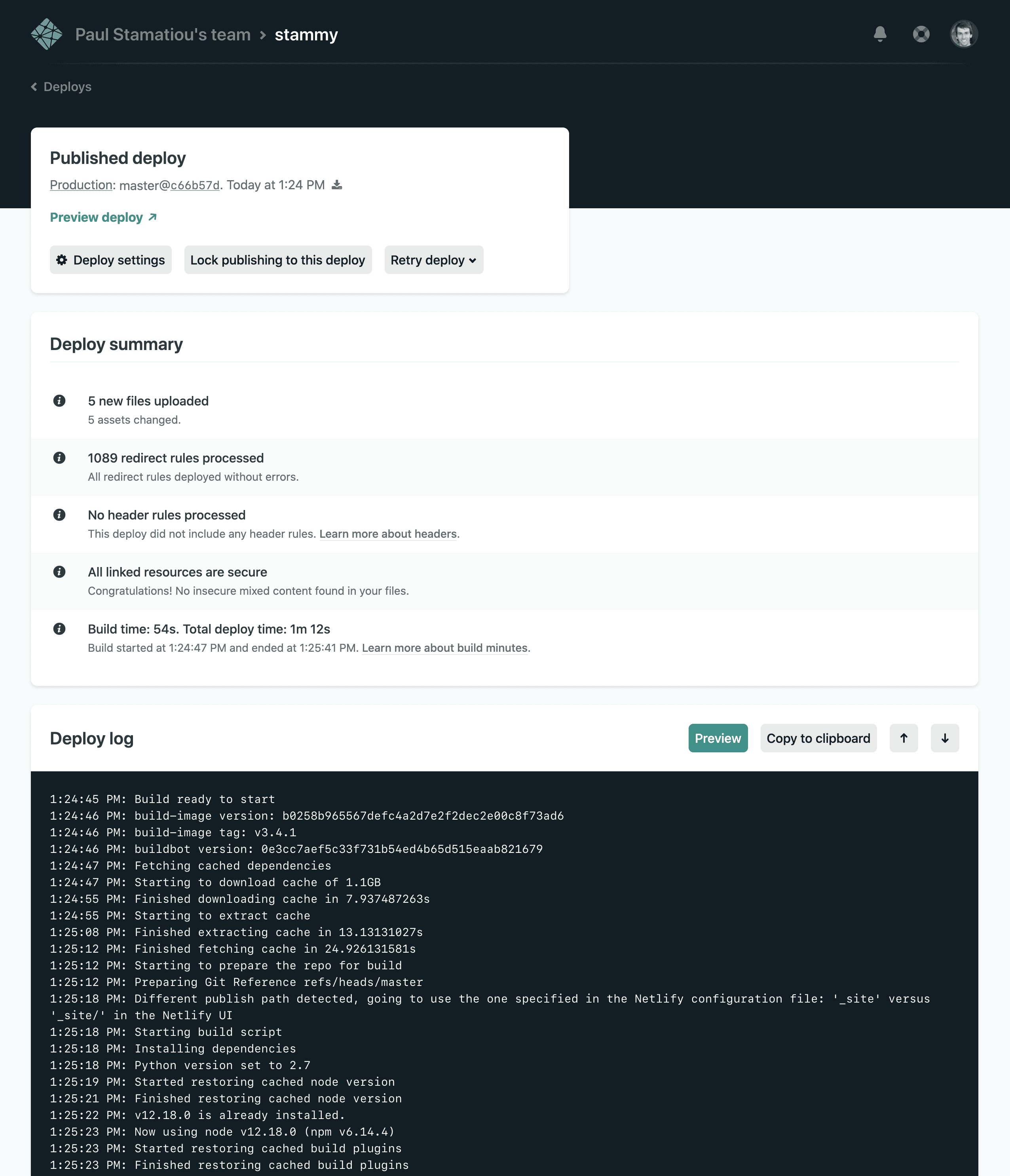 Netlify dashboard showing a completed build and deploy.