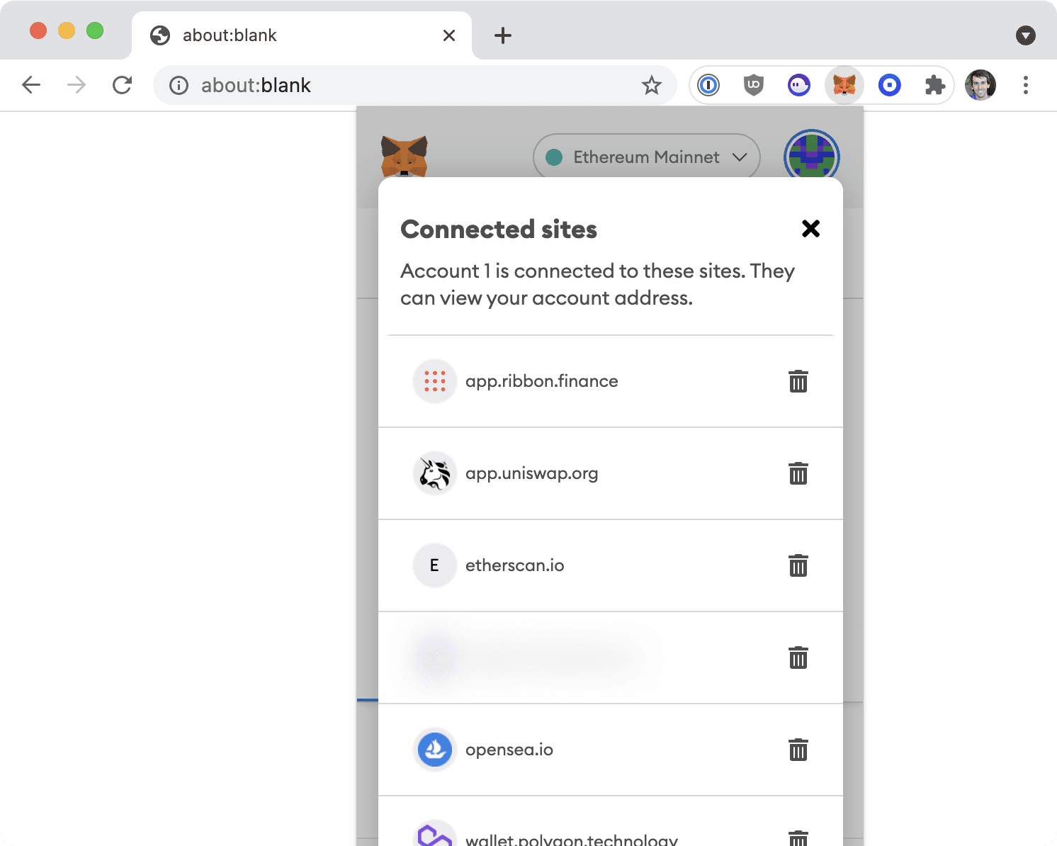 MetaMask connected sites UI