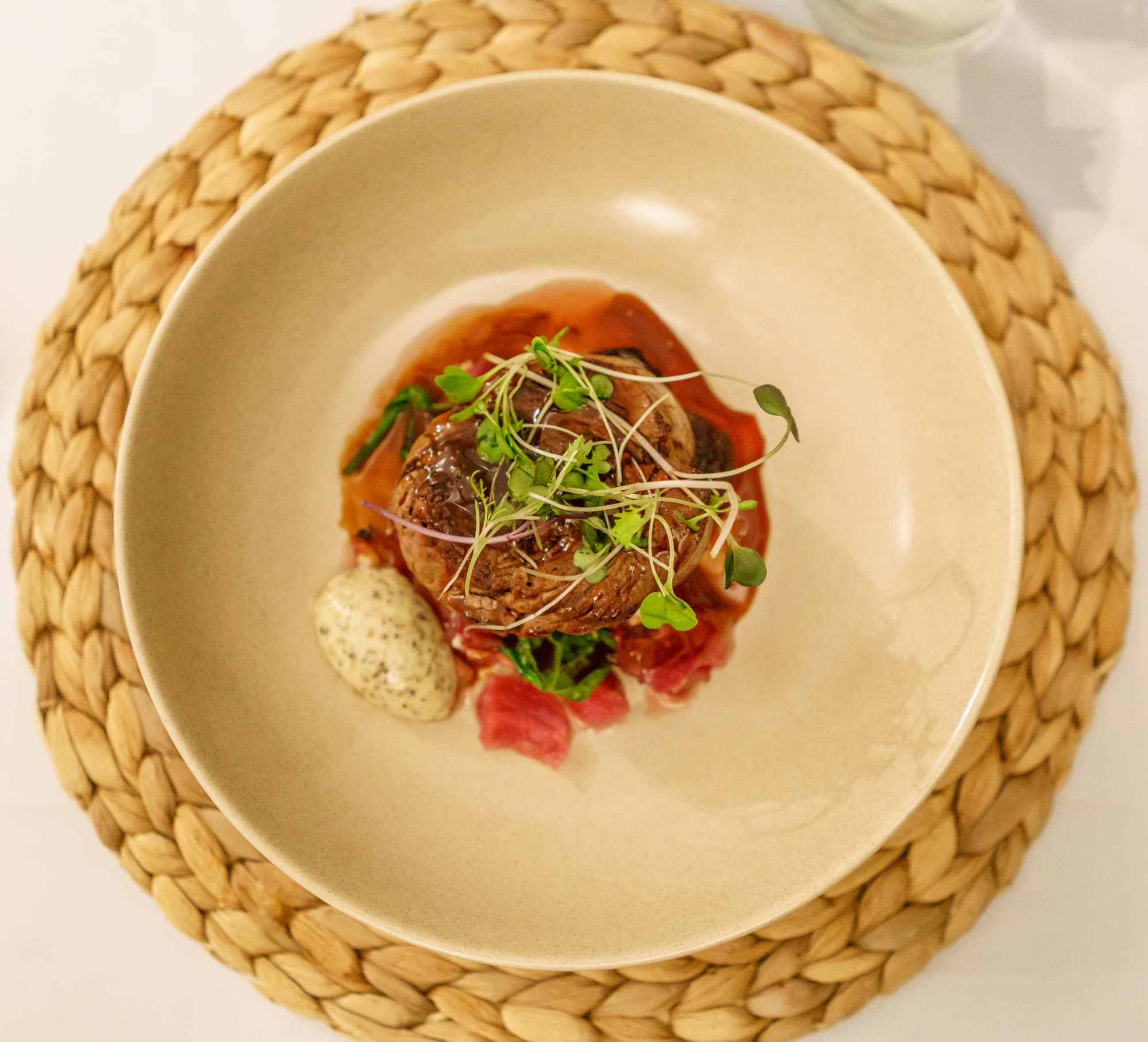 Eye fillet of beef — Roasted beetroot, red onion and walnut salsa, baby spinach, truffle mascarpone