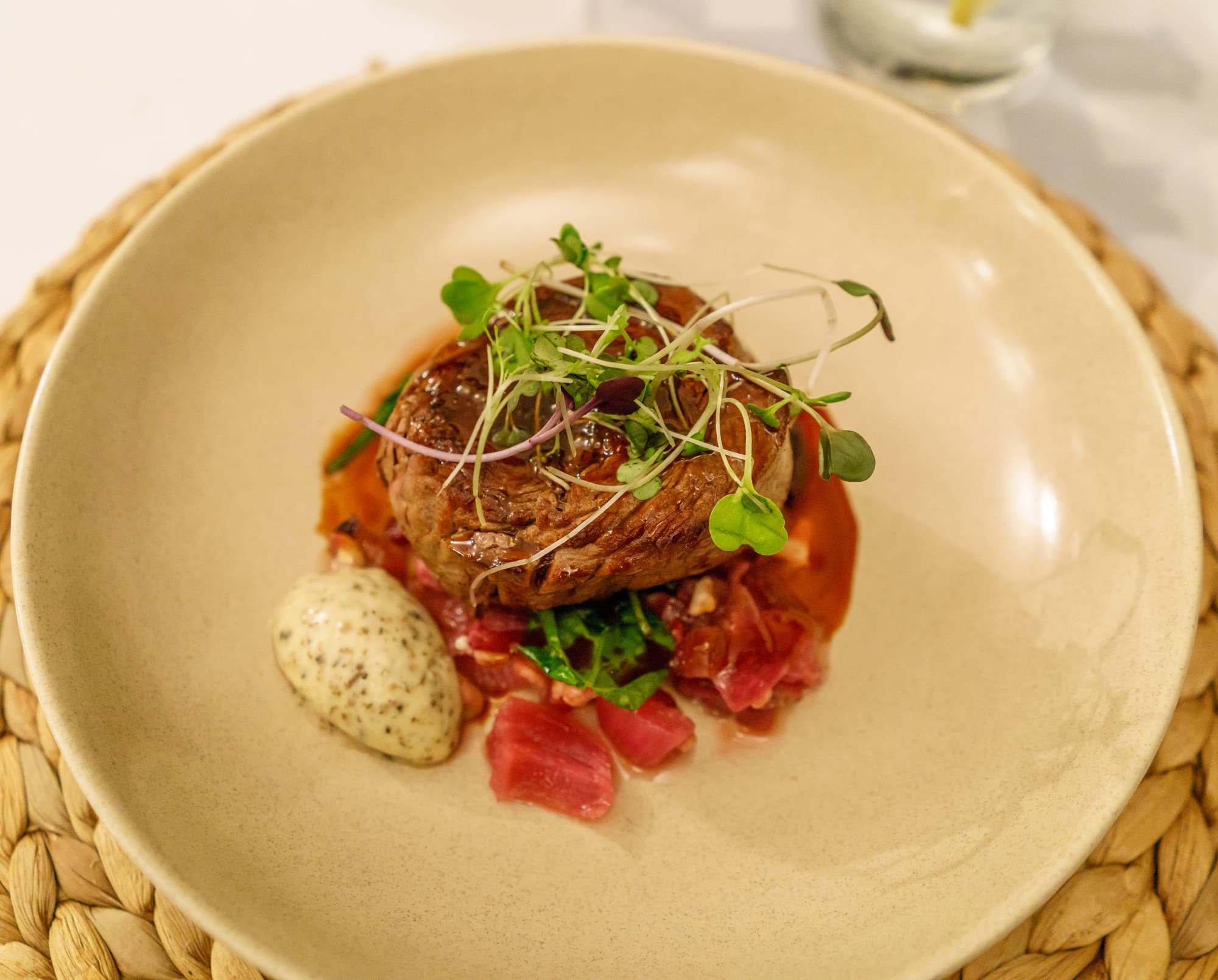 Eye fillet of beef — Roasted beetroot, red onion and walnut salsa, baby spinach, truffle mascarpone