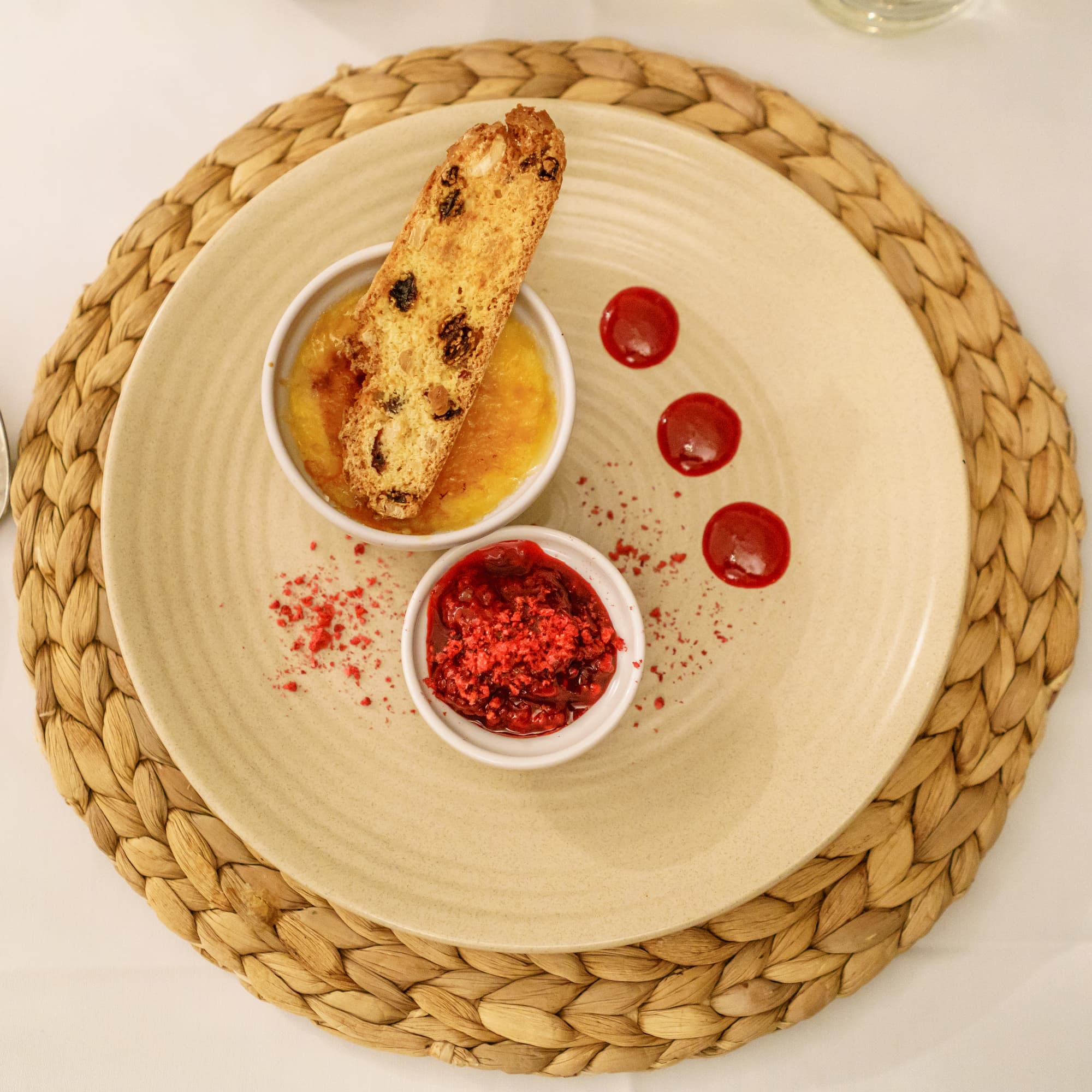 Raspberry and vanilla brulee — Fruit and nut biscotti, berry compote