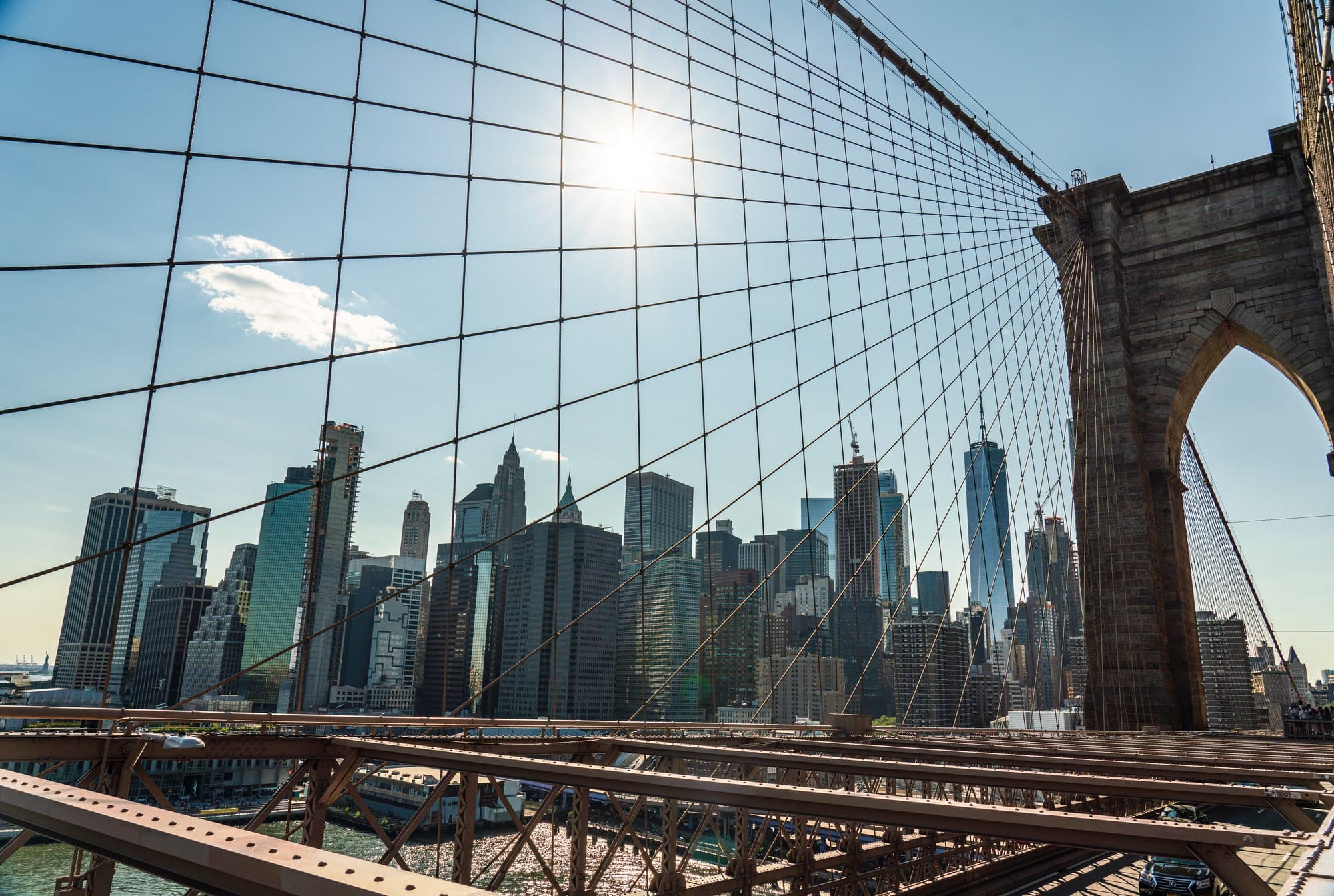 Lower Manhattan as seen from the Brooklyn Bridge.