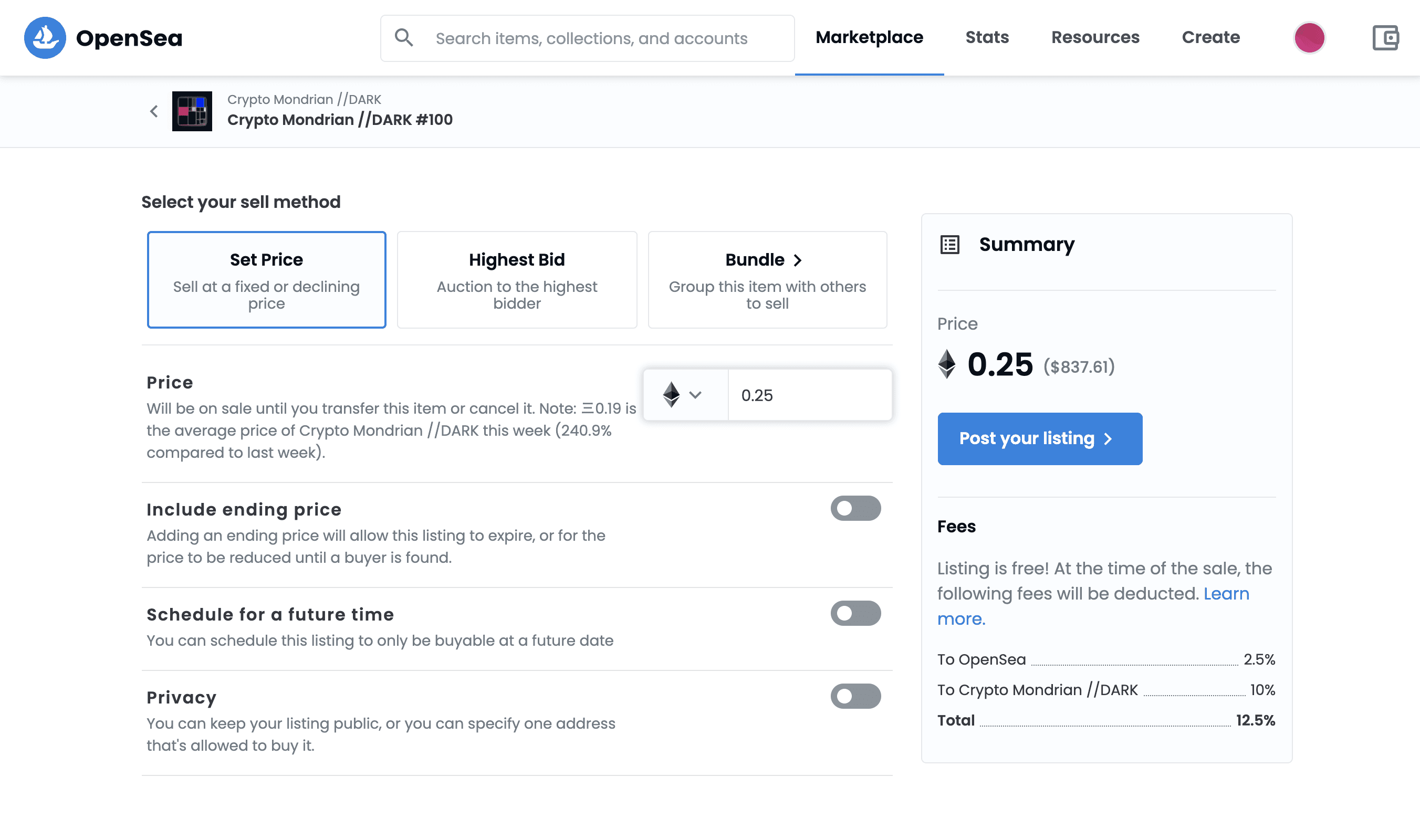 OpenSea sell Crypto Mondrian NFT interface