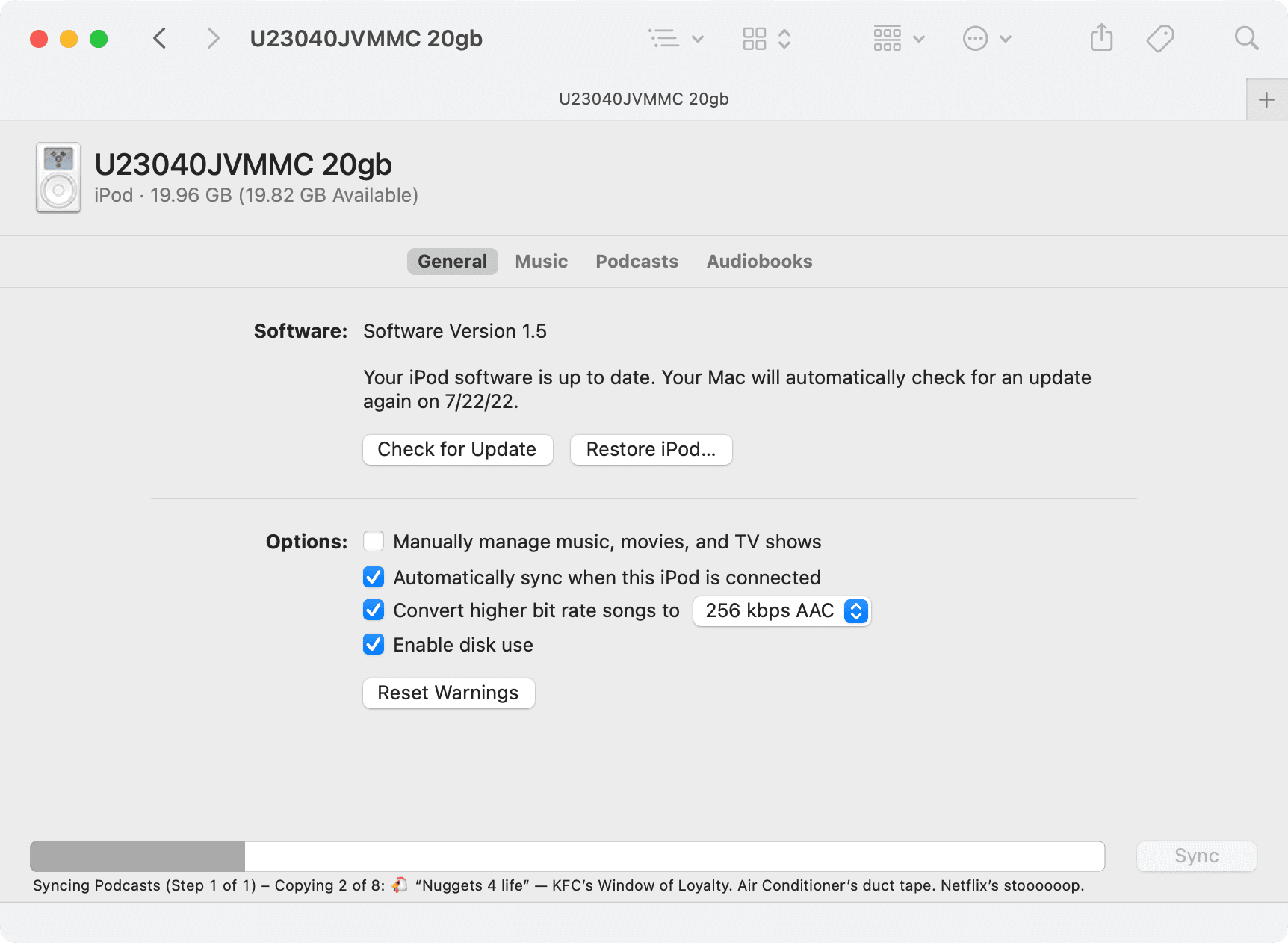 MacOS Finder connected to a 2nd generation iPod